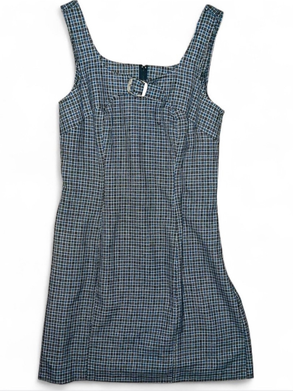 Women's Vintage Blue Black Plaid Square Neck Mini Dress Buckle Detail Sz 9